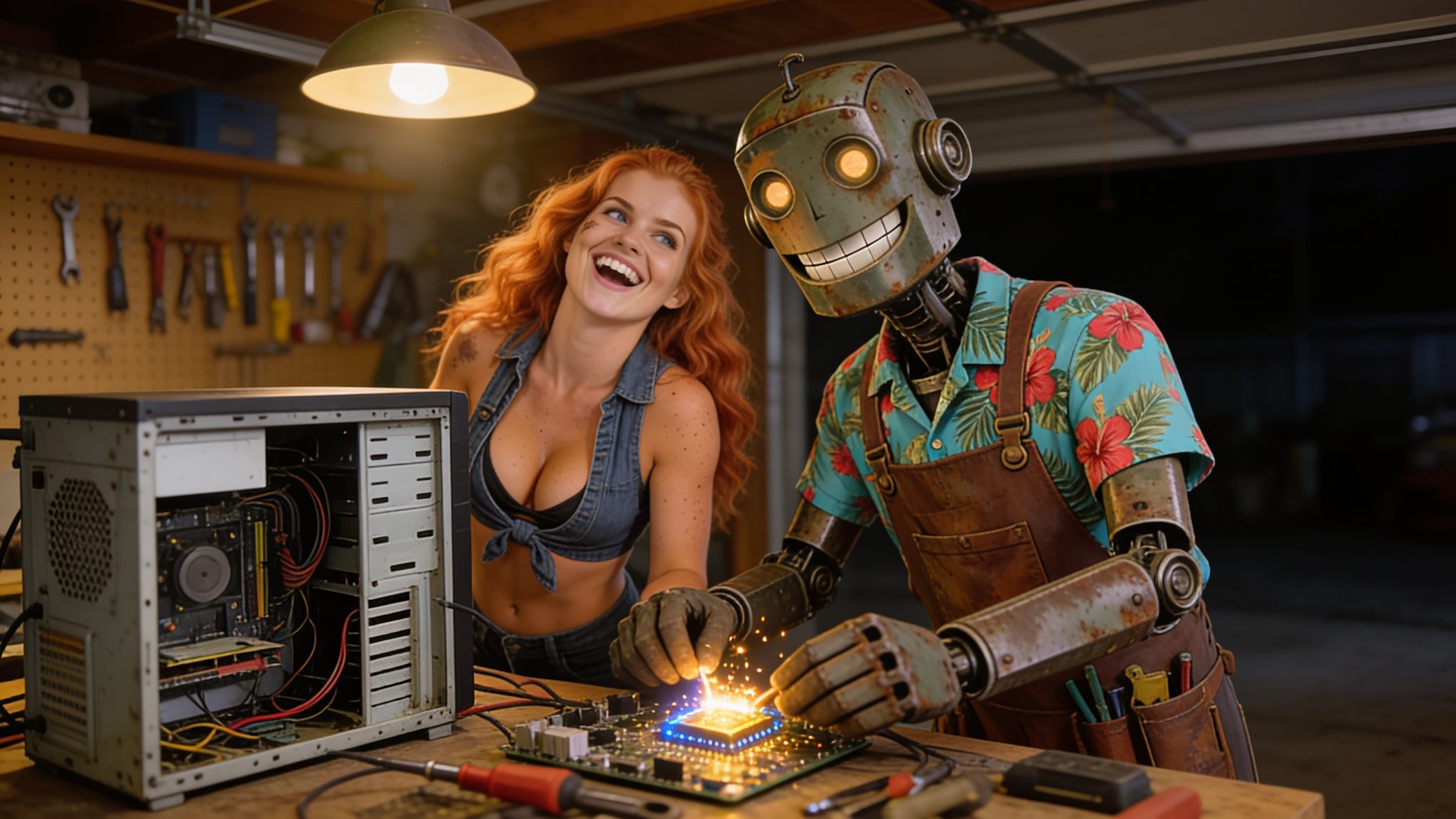 Wektoria i robot Bolek wkładają świecący mikrochip do komputera w warsztacie
